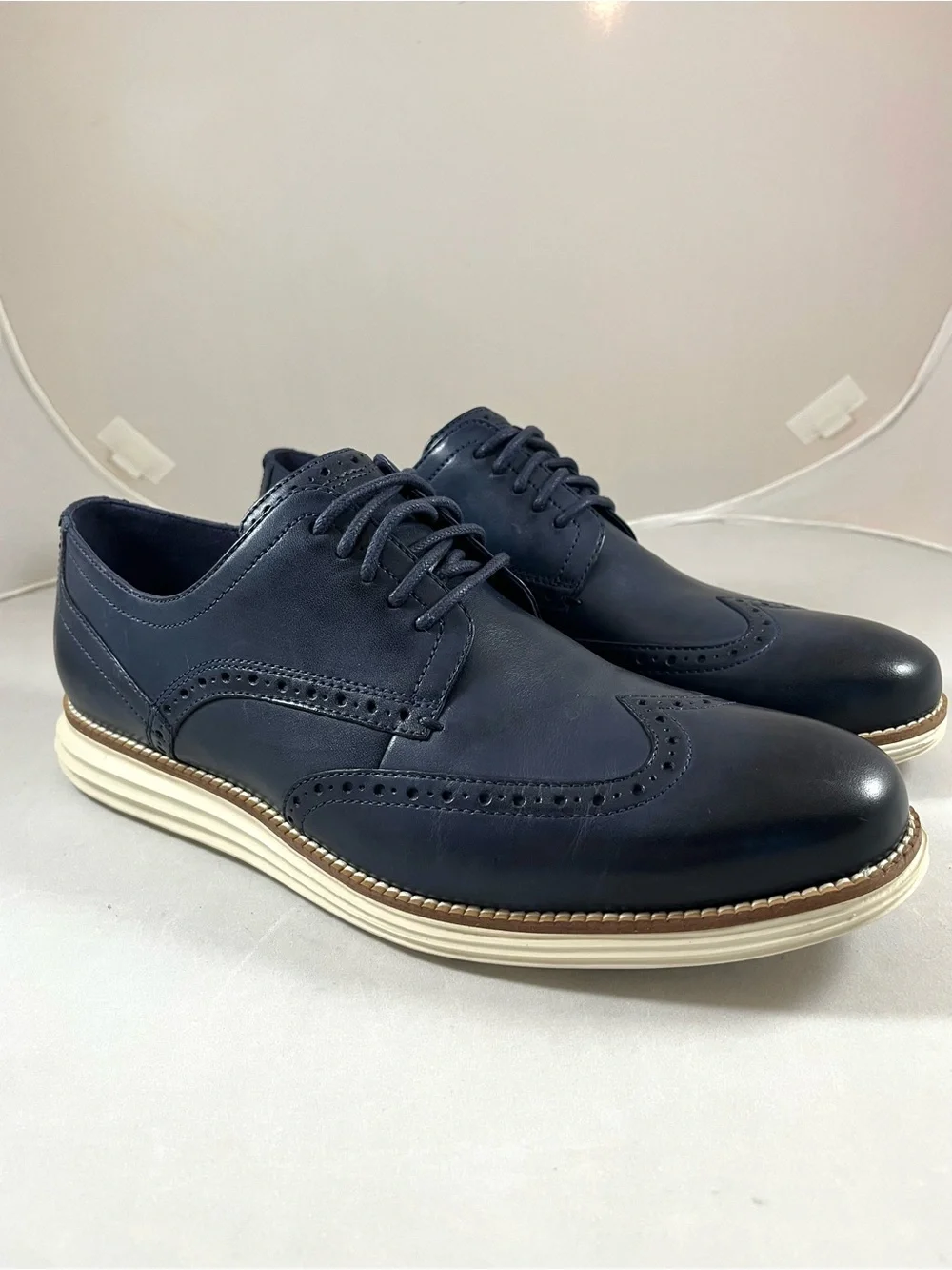 NIB Cole Haan Original Grand Shortwing Navy Leather Oxford with Ivory Sole